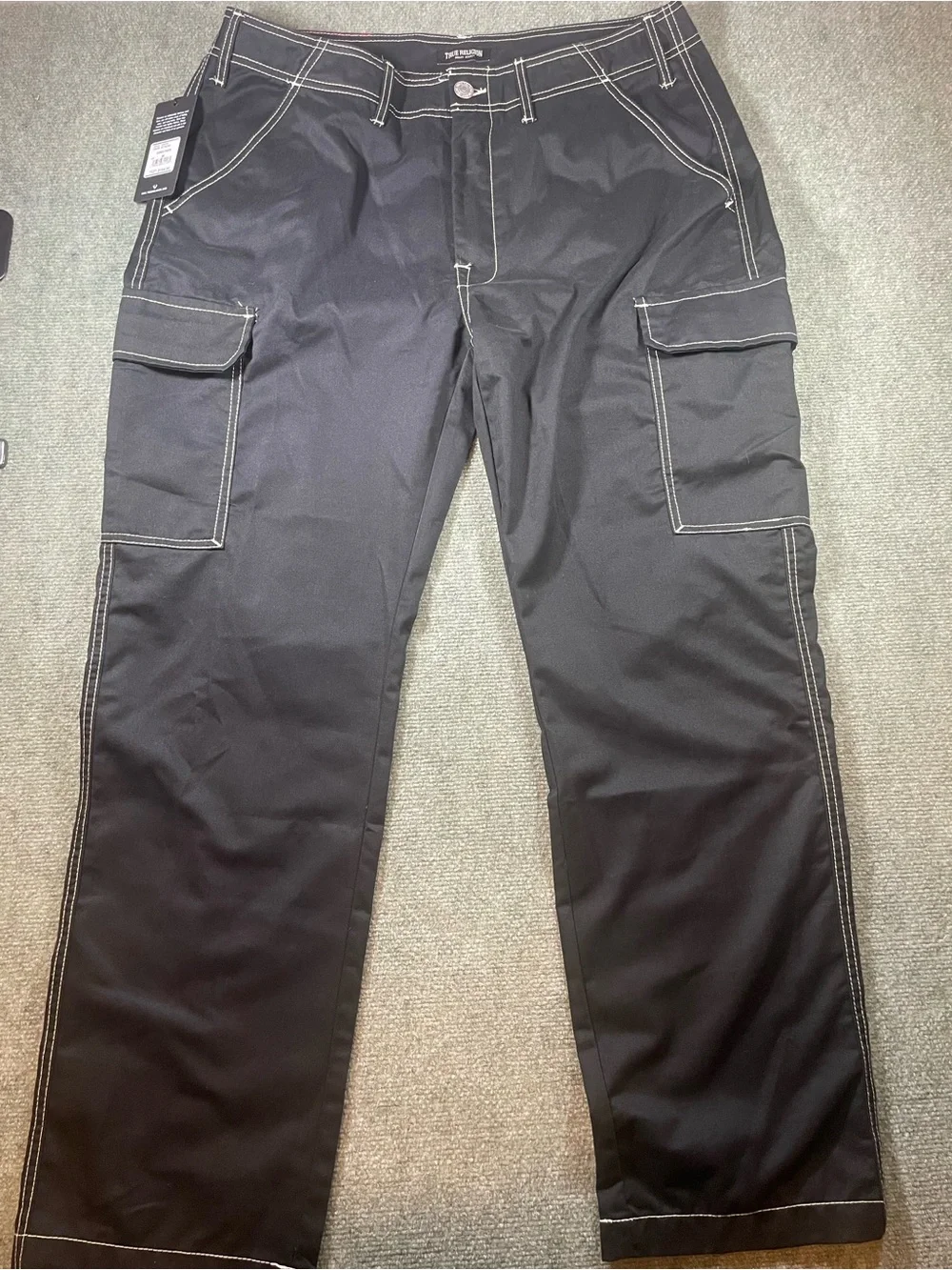 True Religion Black Baggy Cargo Pants with White Contrast Stitching